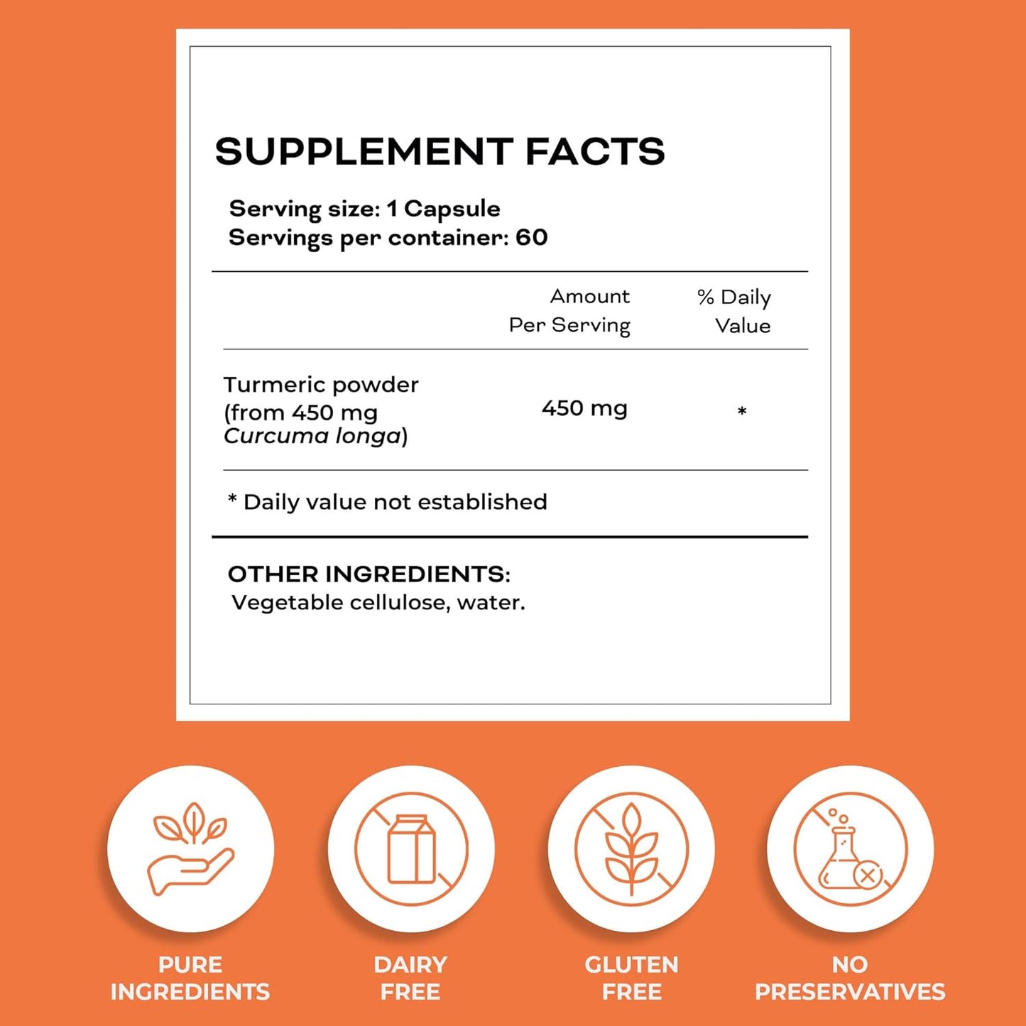Natural Turmeric 450mg Capsules for Joint Health & Antioxidant Support - Non-GMO & Gluten-Free Formula, 60 Count