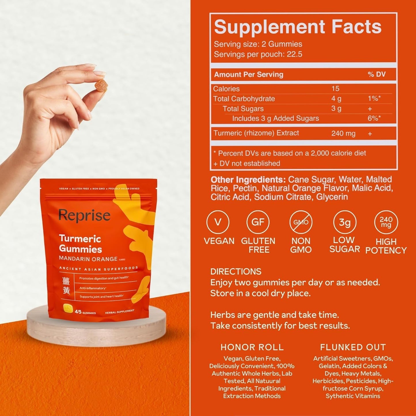 Natural Turmeric Gummies for Inflammation - Vegan Low-Sugar Supplement with Curcumin - Mandarin Orange Flavor, 45 Count (Pack of 3)