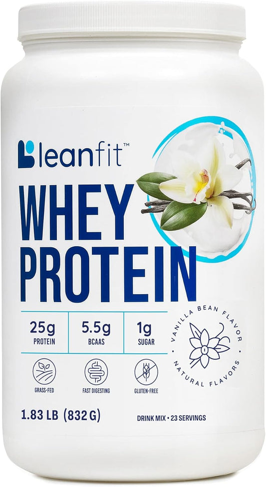 Natural Vanilla LeanFit Grass-Fed Whey Protein Powder - 24g Protein Per Serving - Gluten-Free, Low Carb, BCAAs, Amino Acids - 23 Servings, 1.83lb Tub