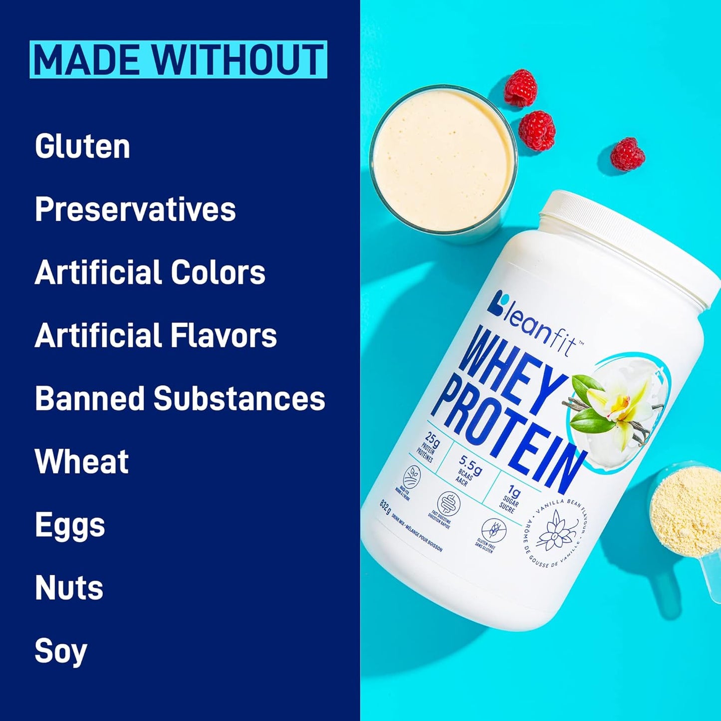 Natural Vanilla LeanFit Grass-Fed Whey Protein Powder - 24g Protein Per Serving - Gluten-Free, Low Carb, BCAAs, Amino Acids - 23 Servings, 1.83lb Tub