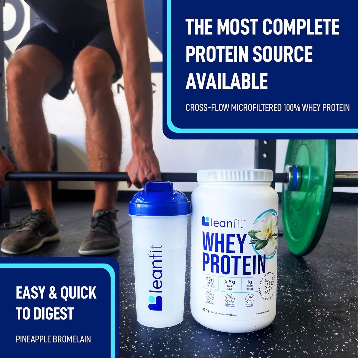 Natural Vanilla LeanFit Grass-Fed Whey Protein Powder - 24g Protein Per Serving - Gluten-Free, Low Carb, BCAAs, Amino Acids - 23 Servings, 1.83lb Tub