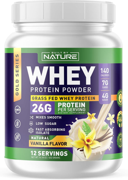 Natural Vanilla Whey Protein Powder - 100% Pure Whey Isolate, 26g Protein, Smooth Mixing, No Clumps - High Protein, Low Sugar Shake (12 Servings)