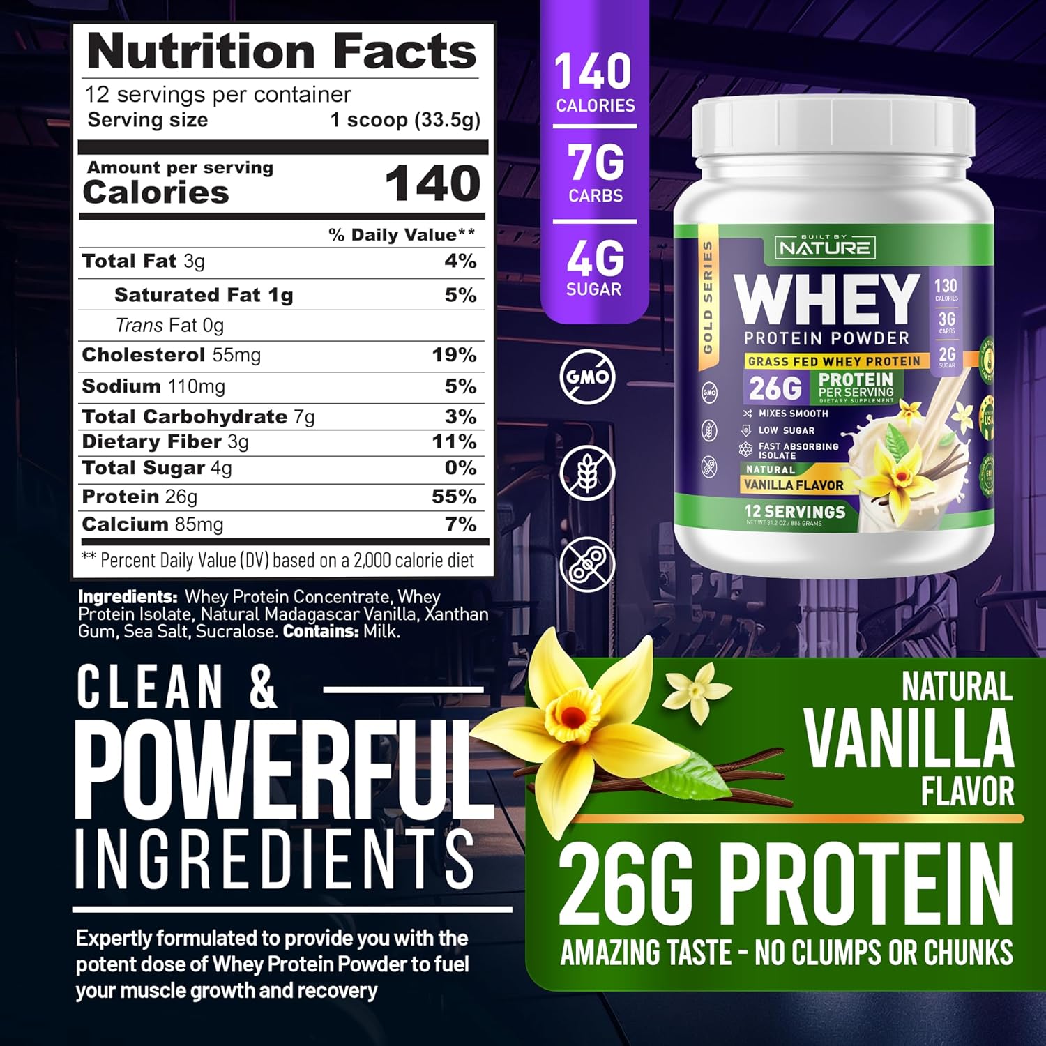 Natural Vanilla Whey Protein Powder - 100% Pure Whey Isolate, 26g Protein, Smooth Mixing, No Clumps - High Protein, Low Sugar Shake (12 Servings)