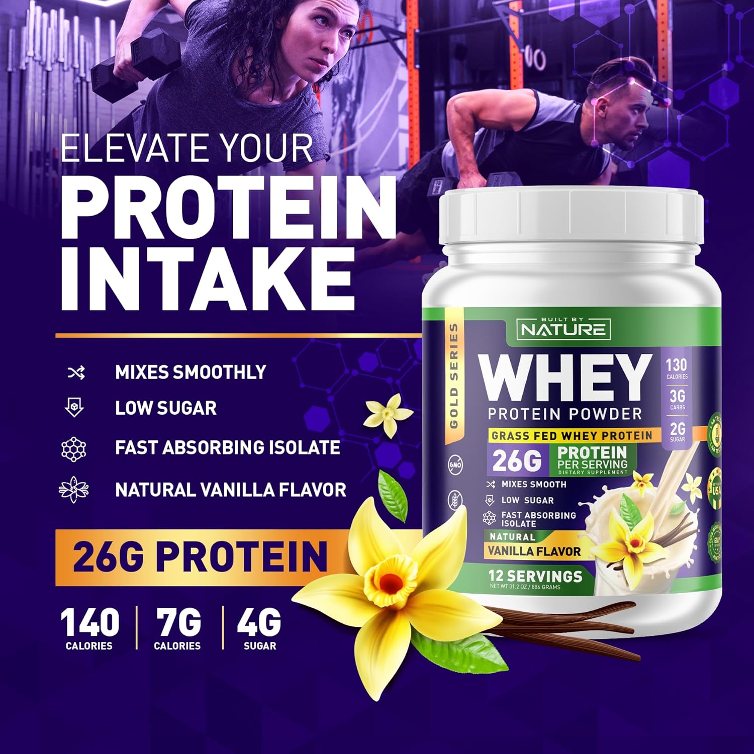 Natural Vanilla Whey Protein Powder - 100% Pure Whey Isolate, 26g Protein, Smooth Mixing, No Clumps - High Protein, Low Sugar Shake (12 Servings)