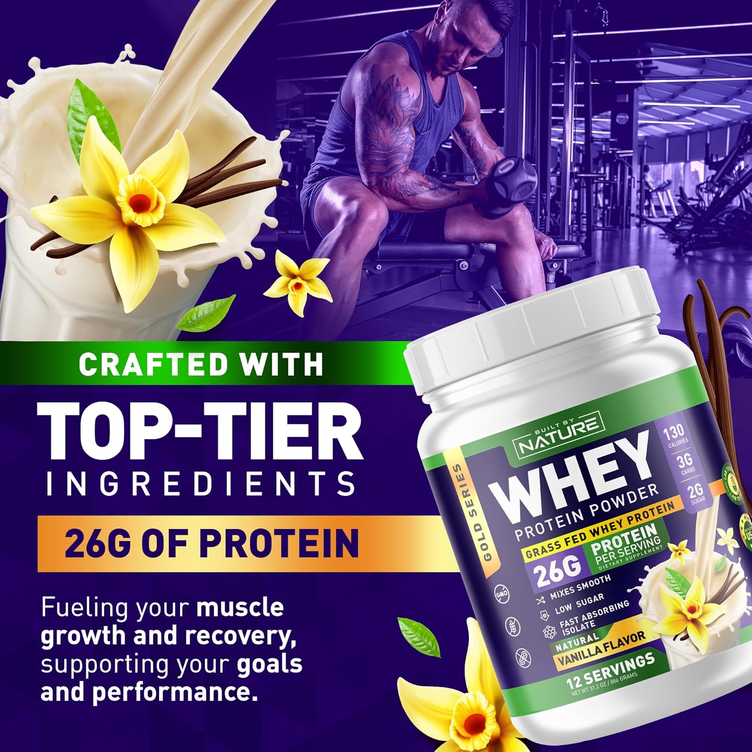 Natural Vanilla Whey Protein Powder - 100% Pure Whey Isolate, 26g Protein, Smooth Mixing, No Clumps - High Protein, Low Sugar Shake (12 Servings)