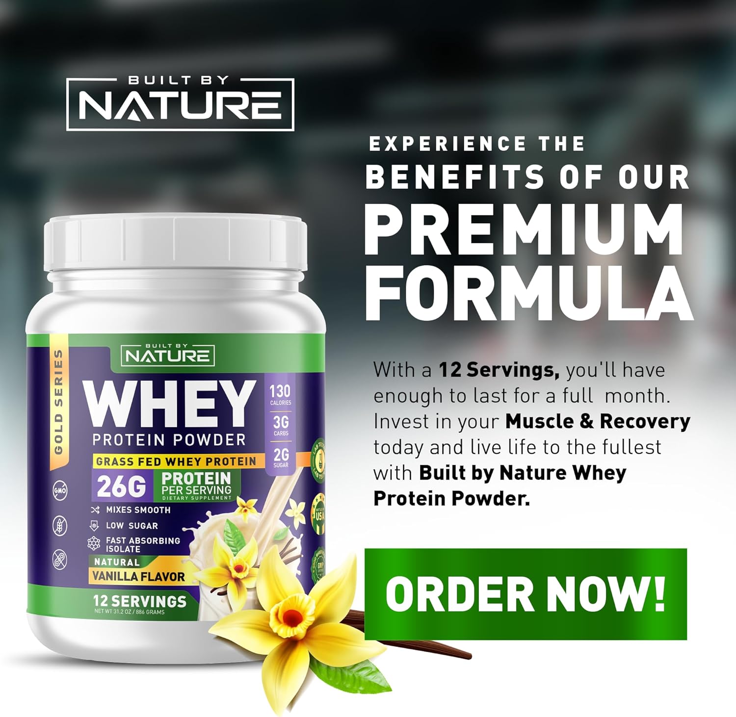 Natural Vanilla Whey Protein Powder - 100% Pure Whey Isolate, 26g Protein, Smooth Mixing, No Clumps - High Protein, Low Sugar Shake (12 Servings)