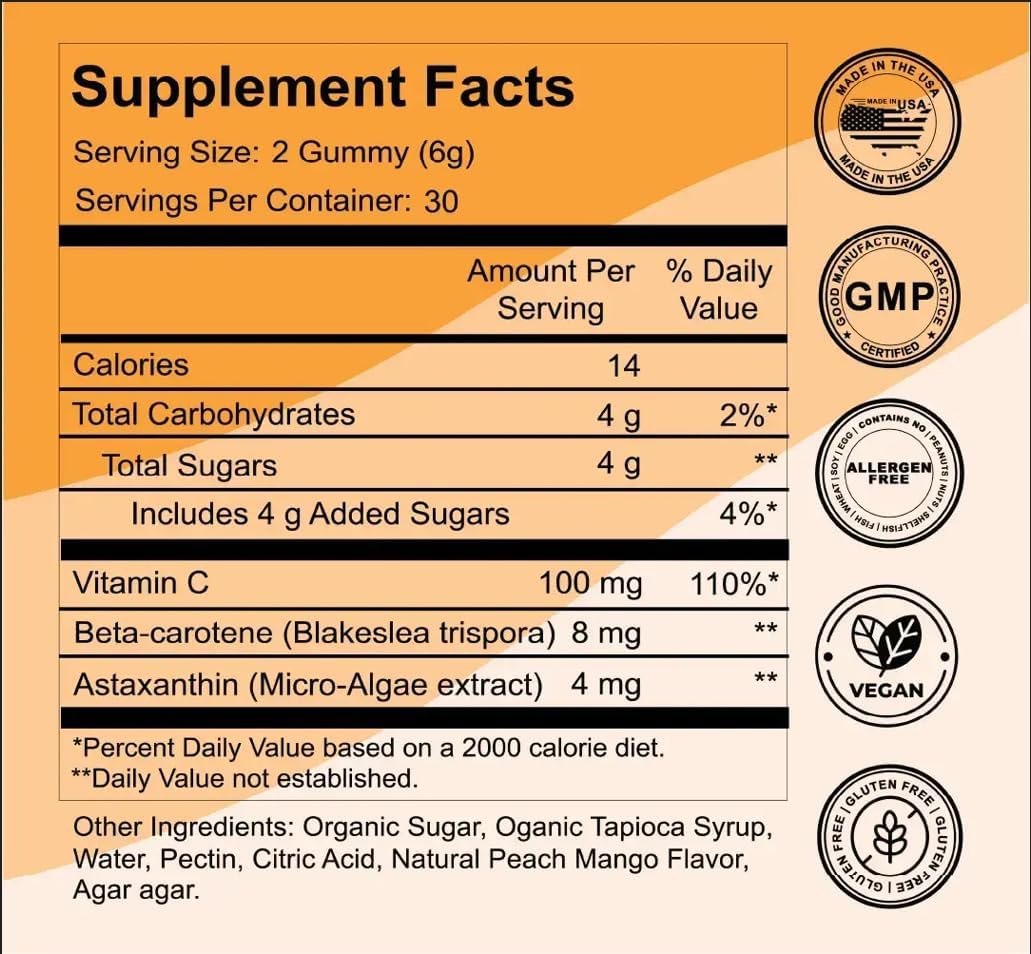 Natural Vegan Daily Tanning Gummies with Beta-Carotene, Vitamin C, & Astaxanthin - 60 Gummies