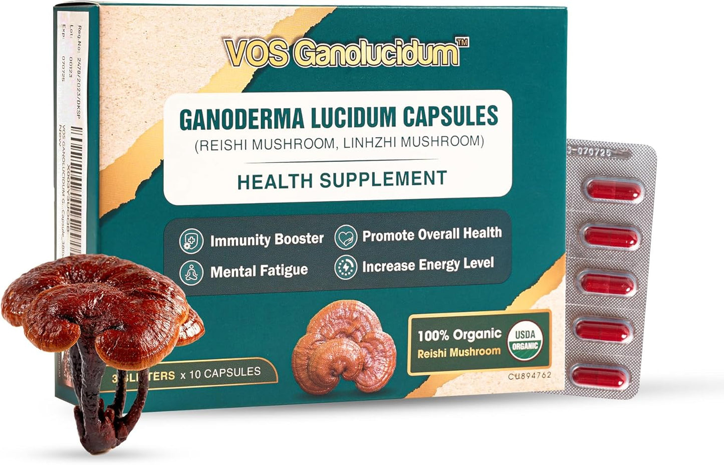 Natural Vegan Red Reishi Mushroom Capsules for Immunity Support - Ganoderma lucidum Extract, 70mg, 30ct