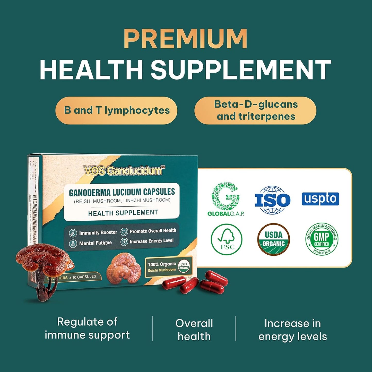 Natural Vegan Red Reishi Mushroom Capsules for Immunity Support - Ganoderma lucidum Extract, 70mg, 30ct