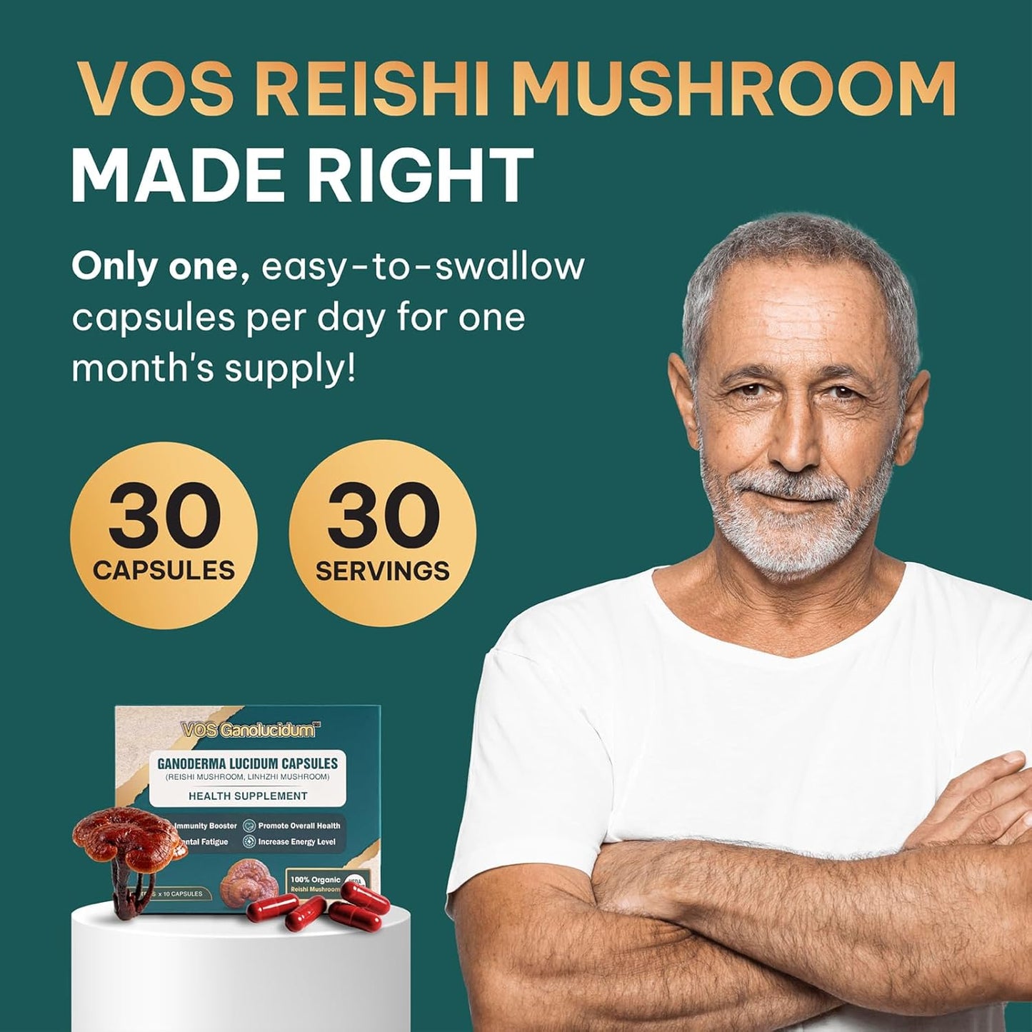 Natural Vegan Red Reishi Mushroom Capsules for Immunity Support - Ganoderma lucidum Extract, 70mg, 30ct