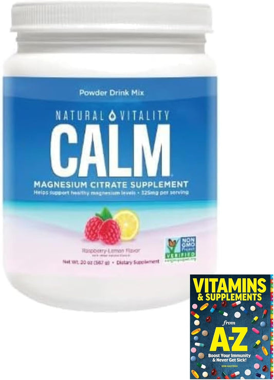 Natural Vitality Calm Magnesium Citrate Powder, 20 oz Raspberry Lemon Flavor + Free Vitamins Guide - Pack of 2 Bottles