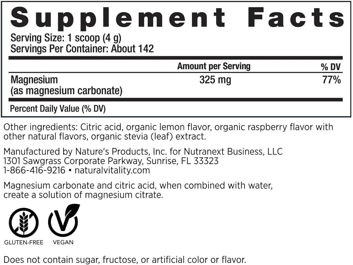 Natural Vitality Calm Magnesium Citrate Powder, 20 oz Raspberry Lemon Flavor + Free Vitamins Guide - Pack of 2 Bottles