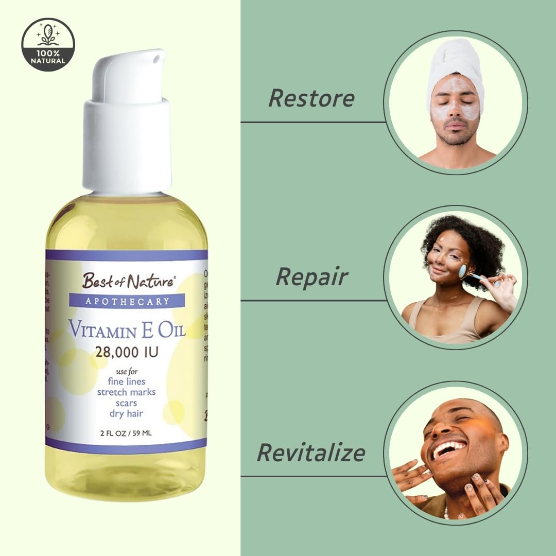 Natural Vitamin E Oil 28,000 IU - Unscented Moisturizer for Hair, Skin, Face, and Hands - Repair Formula for Damage