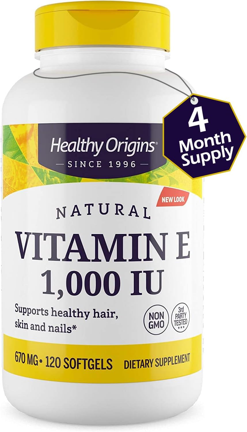 Natural Vitamin E Supplement with Mixed Tocopherols - 1,000 IU - Gluten-Free & Non-GMO - Supports Skin, Hair, and Nails - 120 Softgels