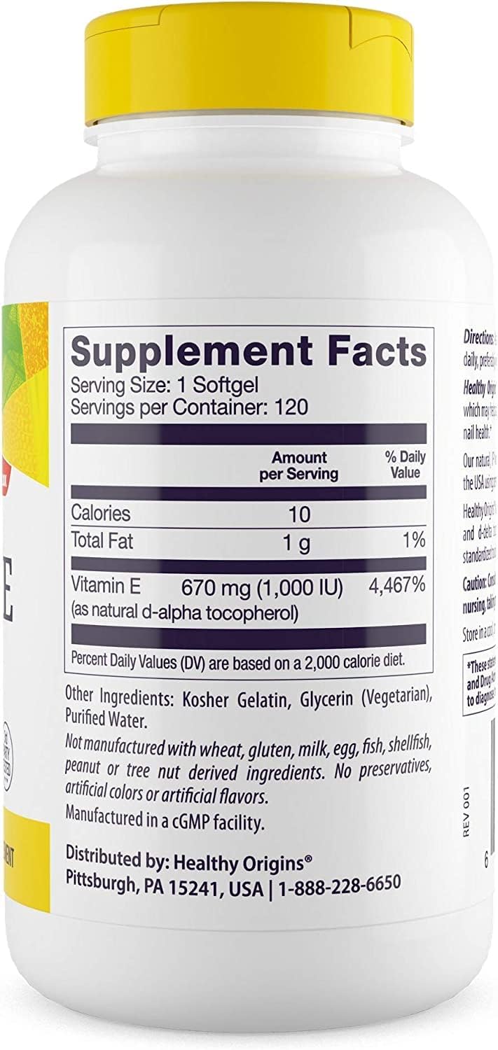 Natural Vitamin E Supplement with Mixed Tocopherols - 1,000 IU - Gluten-Free & Non-GMO - Supports Skin, Hair, and Nails - 120 Softgels