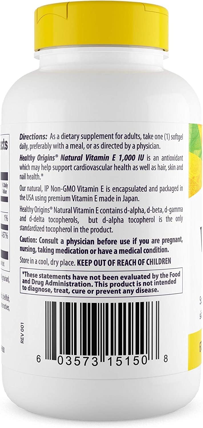 Natural Vitamin E Supplement with Mixed Tocopherols - 1,000 IU - Gluten-Free & Non-GMO - Supports Skin, Hair, and Nails - 120 Softgels