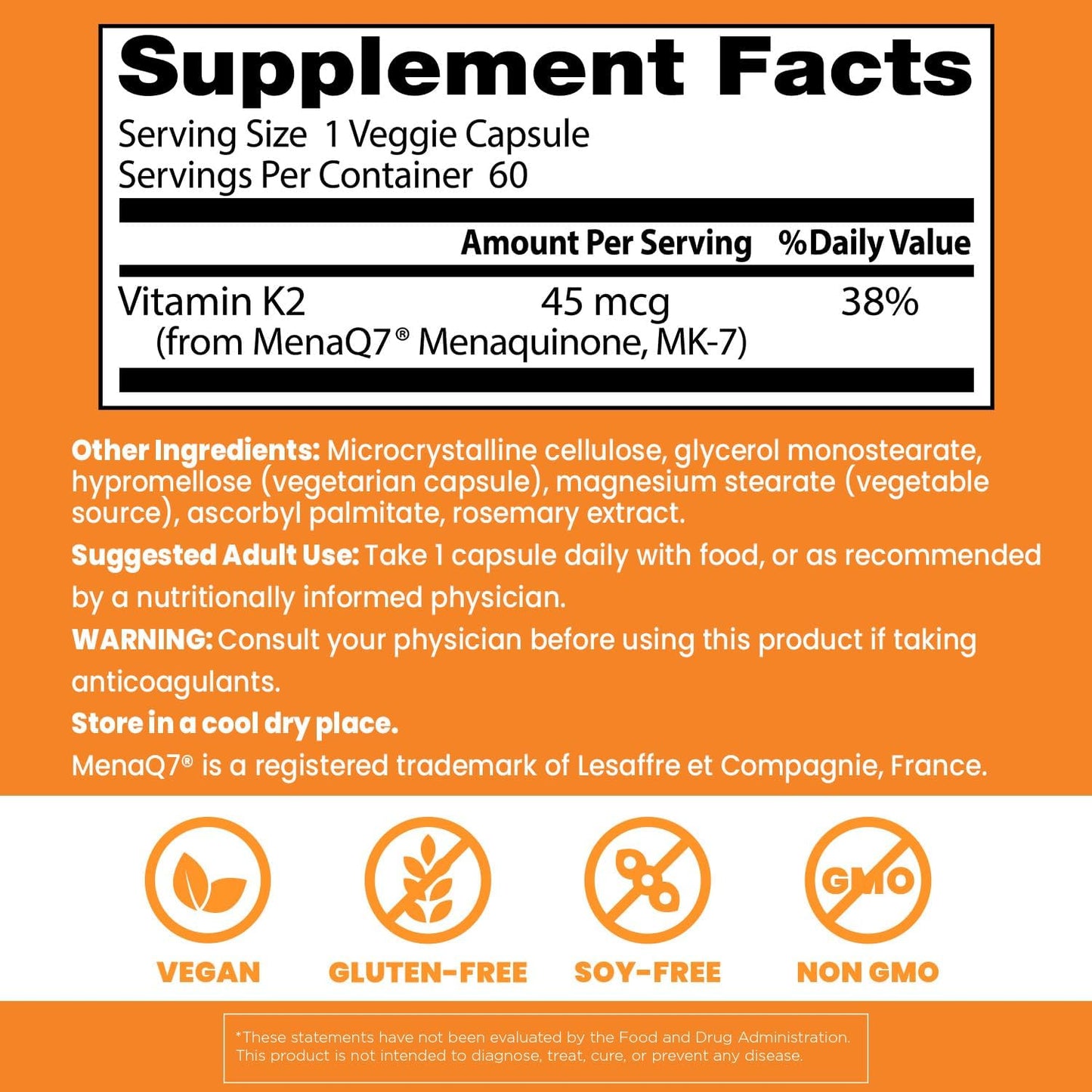 Natural Vitamin K2 MK-7 for Tissue & Bone Health - Non-GMO, Gluten Free, Soy Free, Vegan - 60 Veggie Capsules by Doctor's BEST