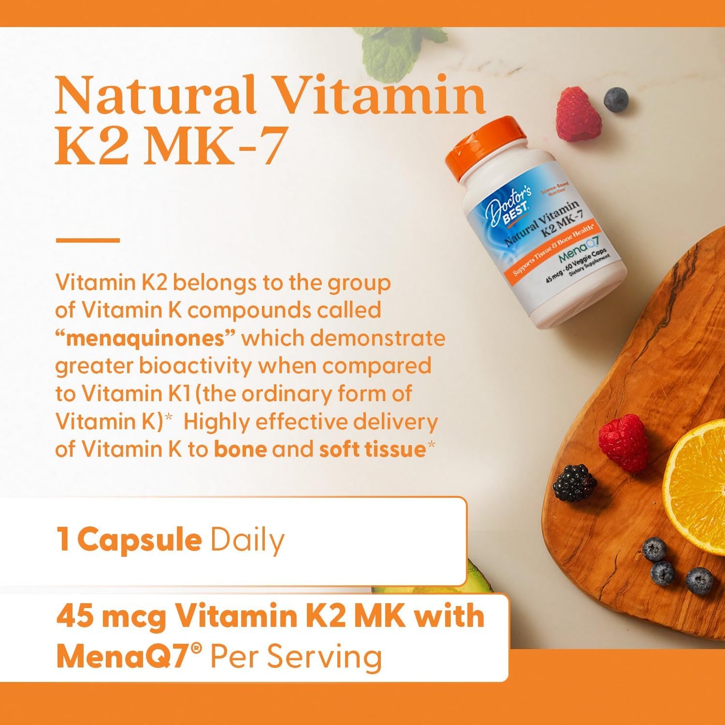 Natural Vitamin K2 MK-7 for Tissue & Bone Health - Non-GMO, Gluten Free, Soy Free, Vegan - 60 Veggie Capsules by Doctor's BEST