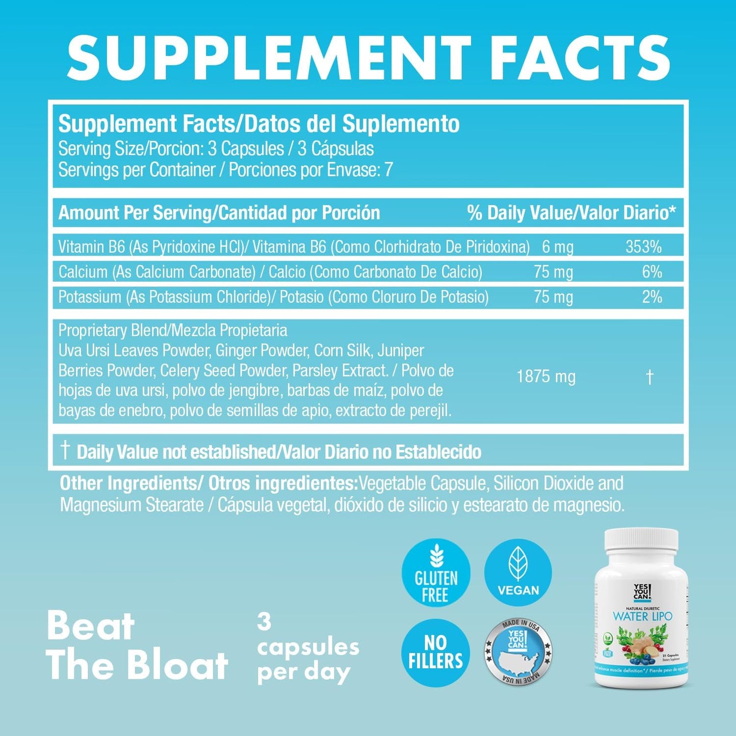 Natural Water Lipo Pills with Electrolytes & Vitamins - Diuretic Cleanse for Water Retention - Gluten-Free, 42 Capsules