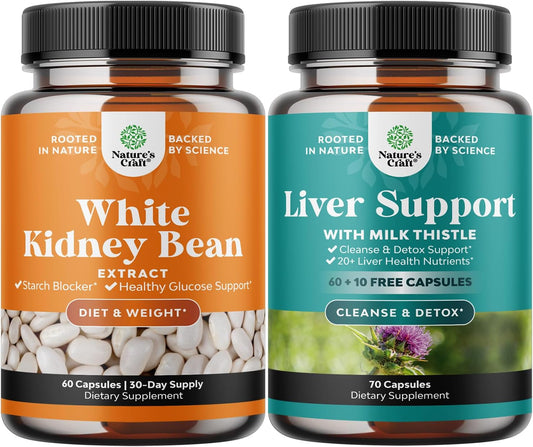 Natural White Kidney Bean Extract Bundle - Digestive Health, Dietary Fiber, Workout Supplement, Liver Cleanse & Detox - Herbal Liver Support with Milk Thistle