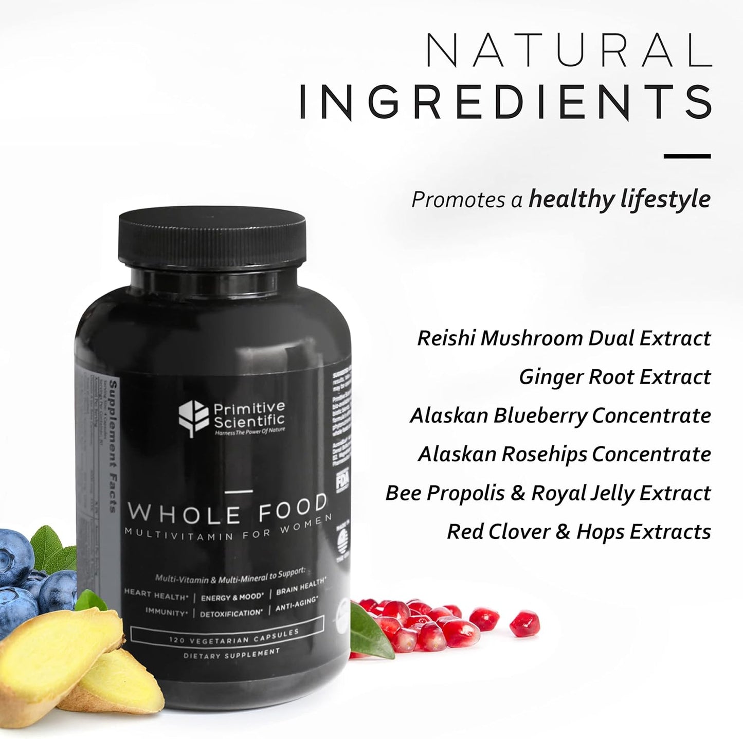 Natural Whole Food Multivitamin for Women - Supports Immune System, Heart Health, Energy Levels, and Detox - 120 Vegetarian Capsules
