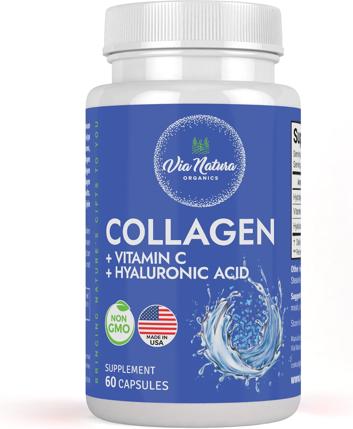 Natural Women's Collagen with Vitamin C, Hyaluronic Acid, and Peptides - Type I, II, III - 60 Capsules