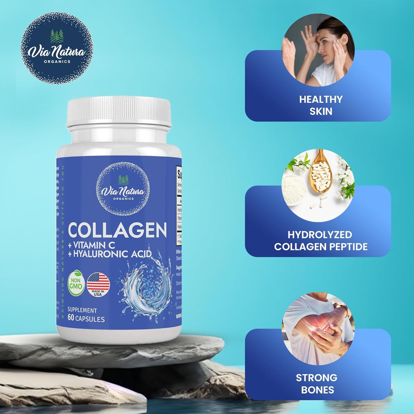 Natural Women's Collagen with Vitamin C, Hyaluronic Acid, and Peptides - Type I, II, III - 60 Capsules