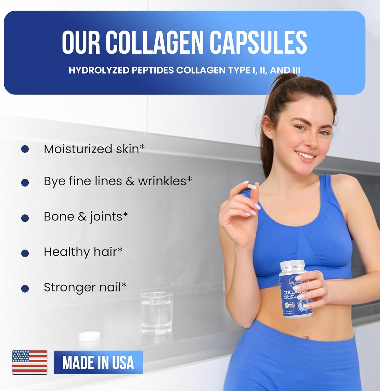 Natural Women's Collagen with Vitamin C, Hyaluronic Acid, and Peptides - Type I, II, III - 60 Capsules