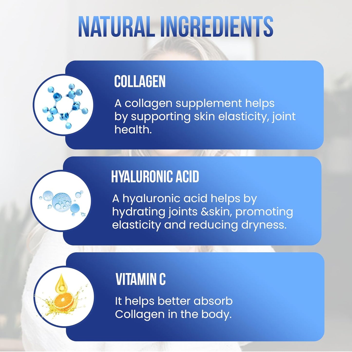Natural Women's Collagen with Vitamin C, Hyaluronic Acid, and Peptides - Type I, II, III - 60 Capsules
