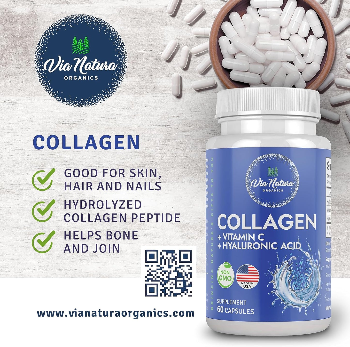 Natural Women's Collagen with Vitamin C, Hyaluronic Acid, and Peptides - Type I, II, III - 60 Capsules