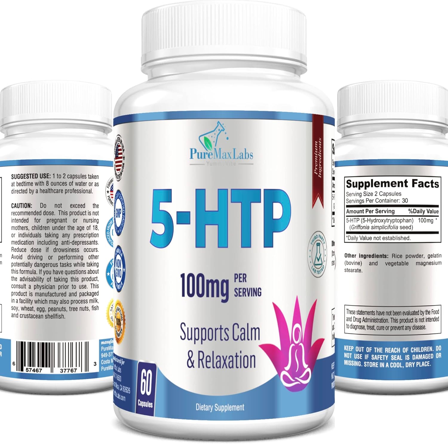 Natural YUMMYVITE 5-HTP Capsules for Calm, Relaxation, and Positive Mood - 60 Capsules