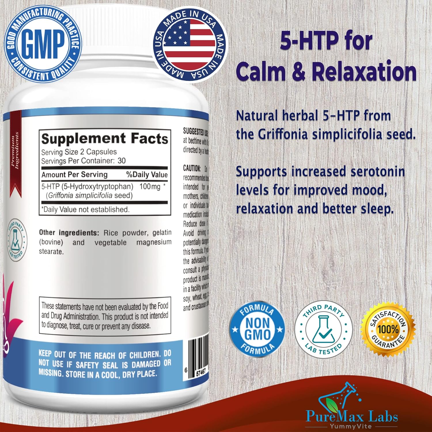 Natural YUMMYVITE 5-HTP Capsules for Calm, Relaxation, and Positive Mood - 60 Capsules