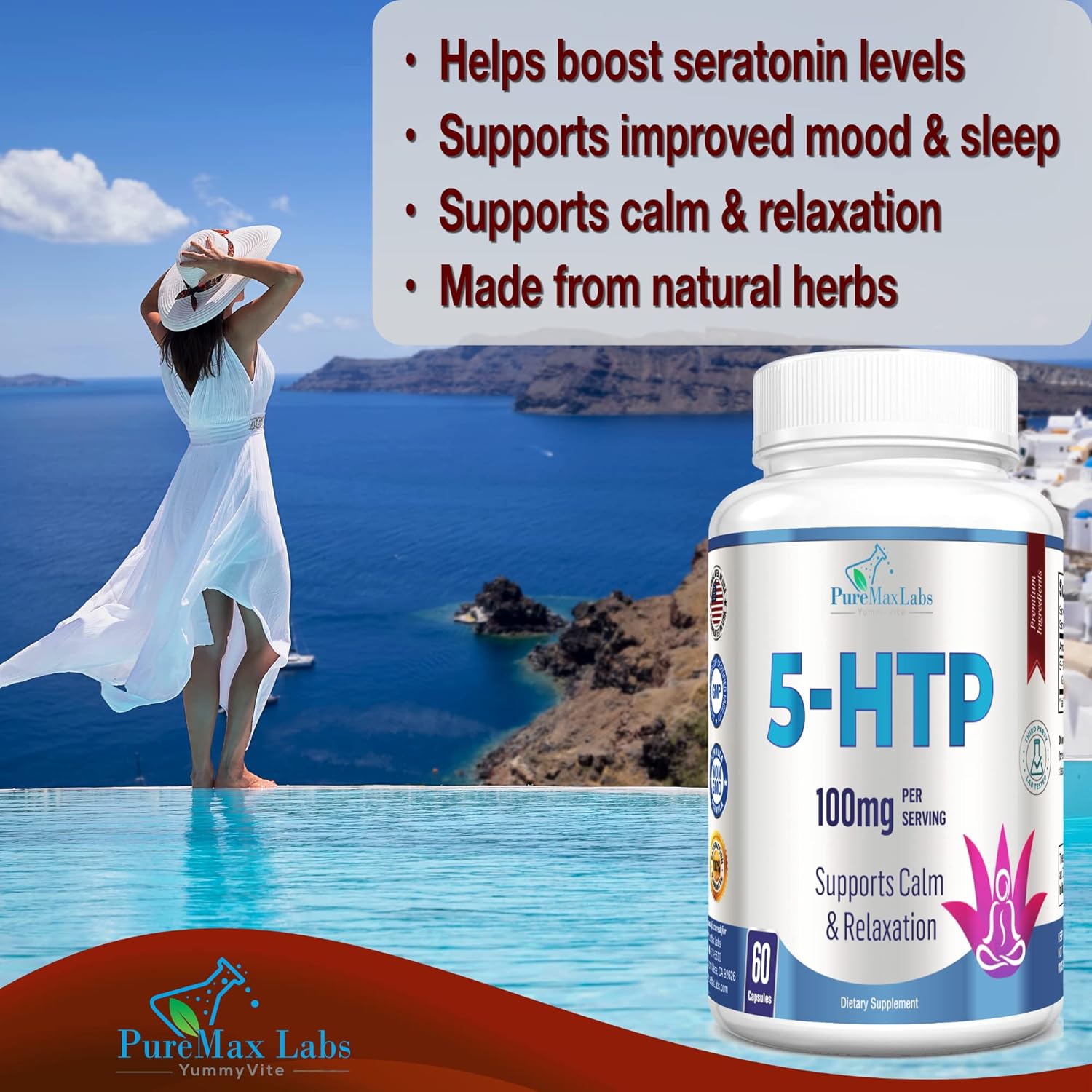 Natural YUMMYVITE 5-HTP Capsules for Calm, Relaxation, and Positive Mood - 60 Capsules