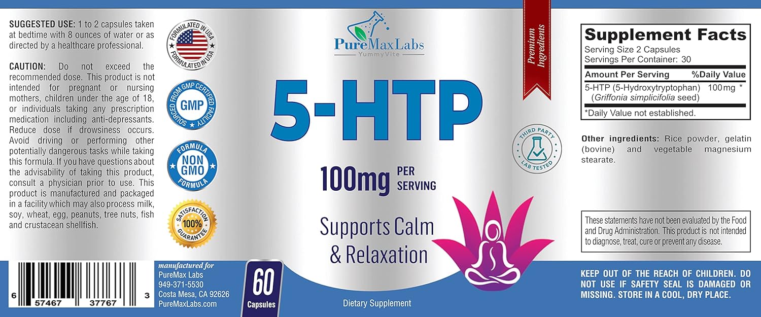Natural YUMMYVITE 5-HTP Capsules for Calm, Relaxation, and Positive Mood - 60 Capsules