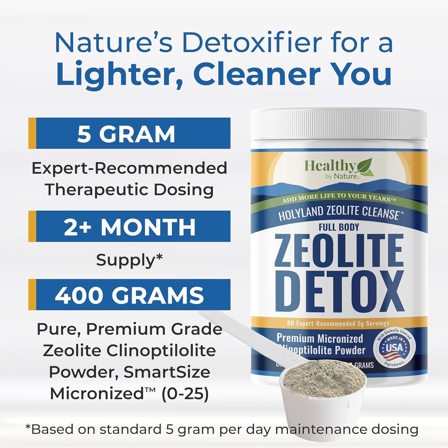 Natural Zeolite Detox Powder Cleanse (400g) - Activated Clinoptilolite for Energy, Focus, pH Balance, Immunity, Gut Health - HolyLand Zeolite