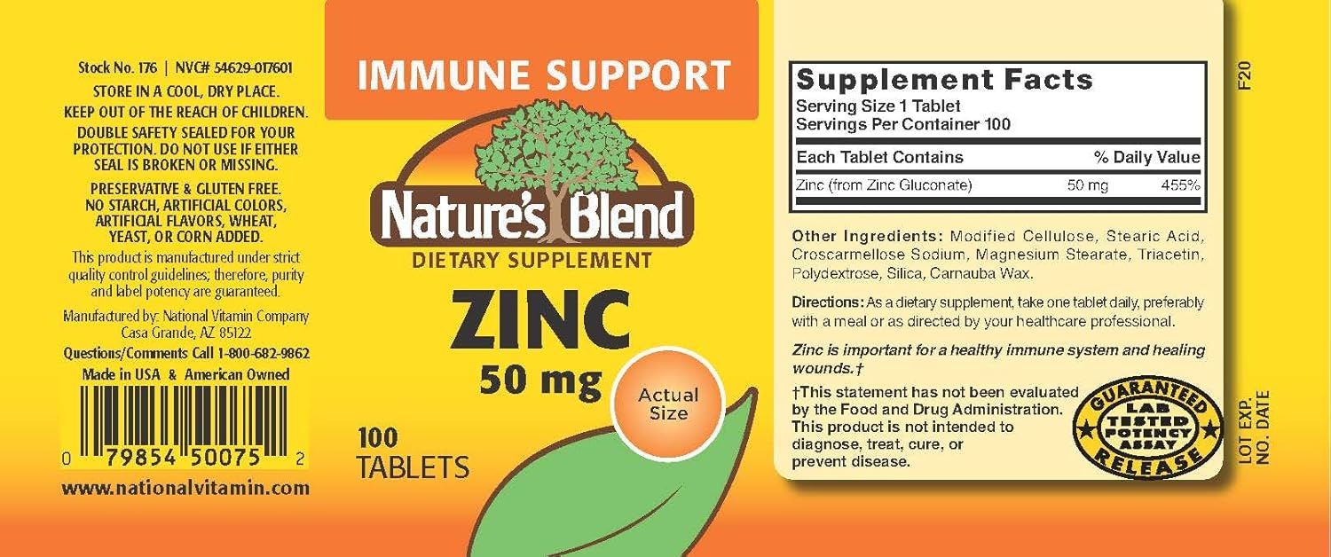 Natural Zinc Gluconate Tablets 50mg - 100 Count by Nature's Blend