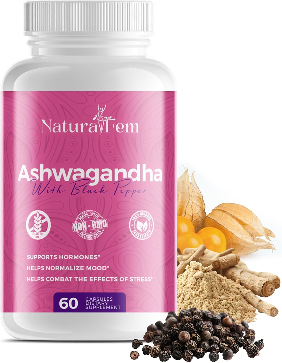 Naturalfem Ashwagandha Supplements for Women - Stress, Hormone, and Mood Support - 1300mg 60 Capsules with Black Pepper