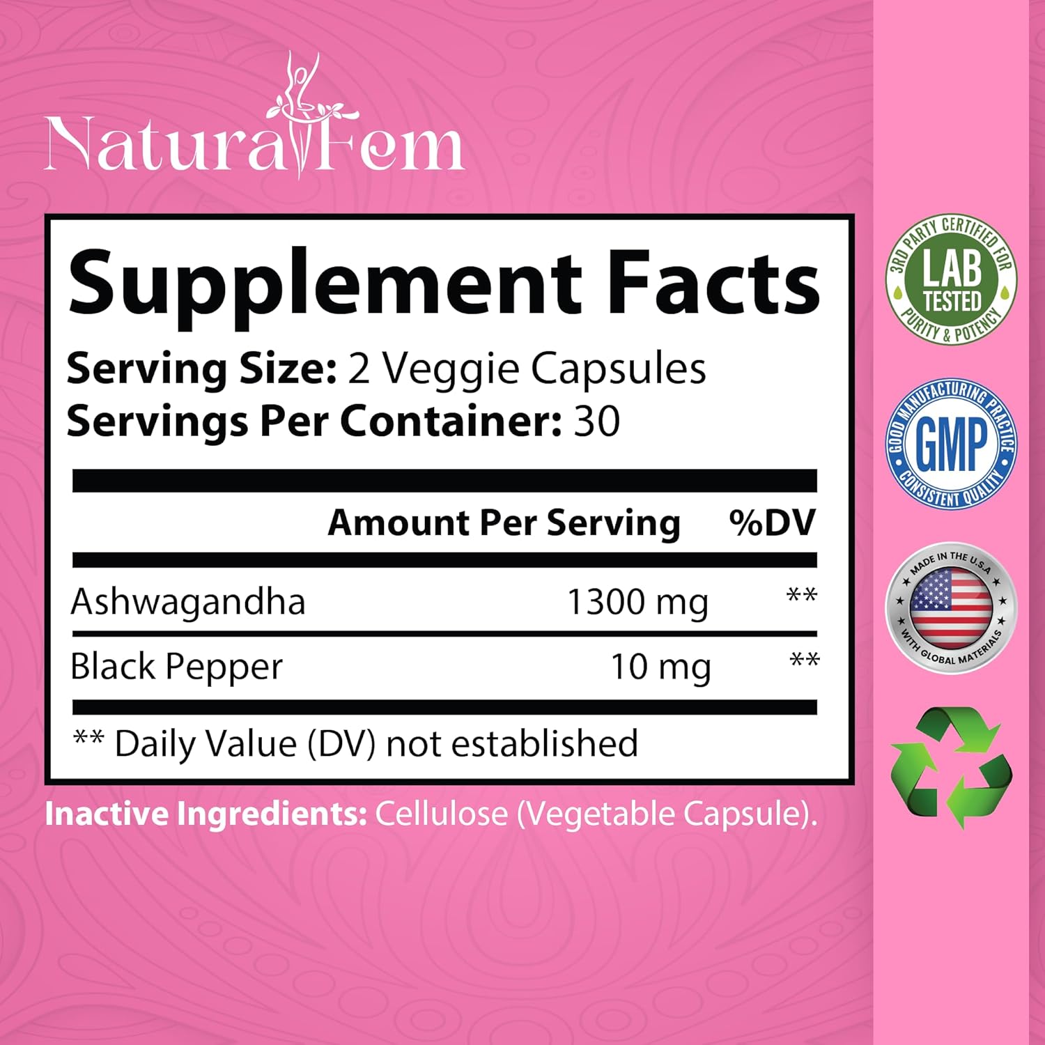 Naturalfem Ashwagandha Supplements for Women - Stress, Hormone, and Mood Support - 1300mg 60 Capsules with Black Pepper