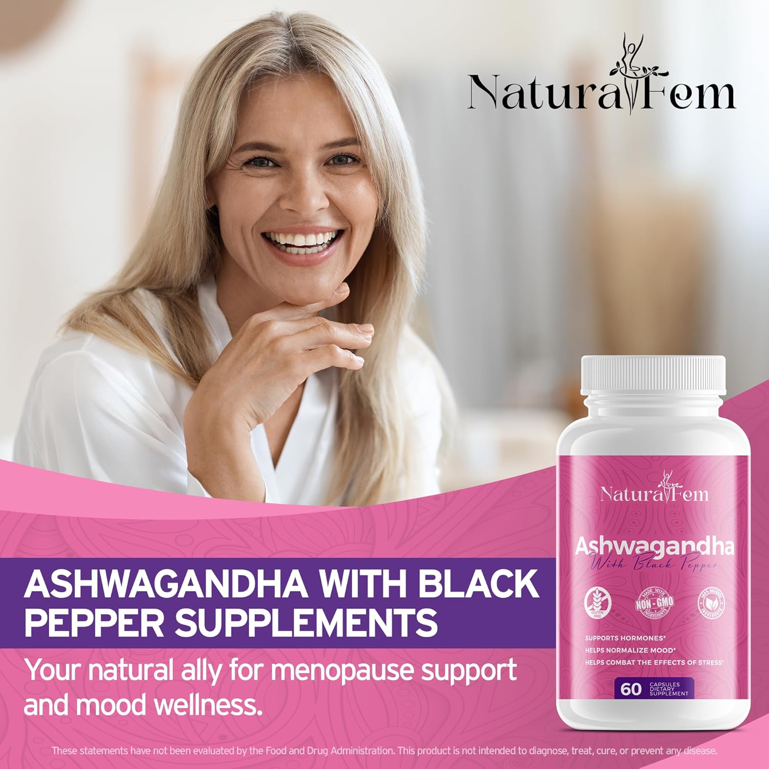 Naturalfem Ashwagandha Supplements for Women - Stress, Hormone, and Mood Support - 1300mg 60 Capsules with Black Pepper