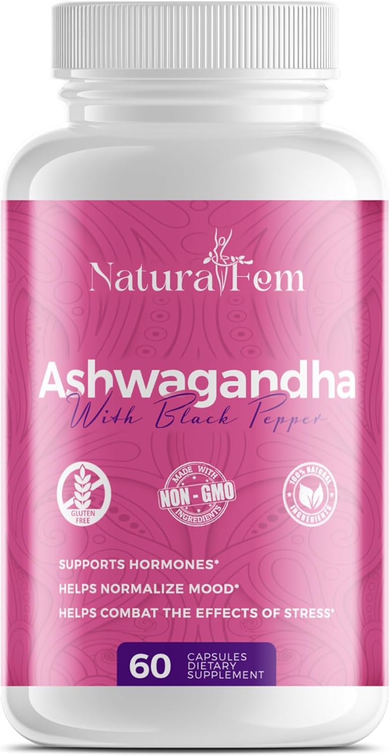 Naturalfem Ashwagandha Supplements for Women - Stress, Hormone, and Mood Support - 1300mg 60 Capsules with Black Pepper