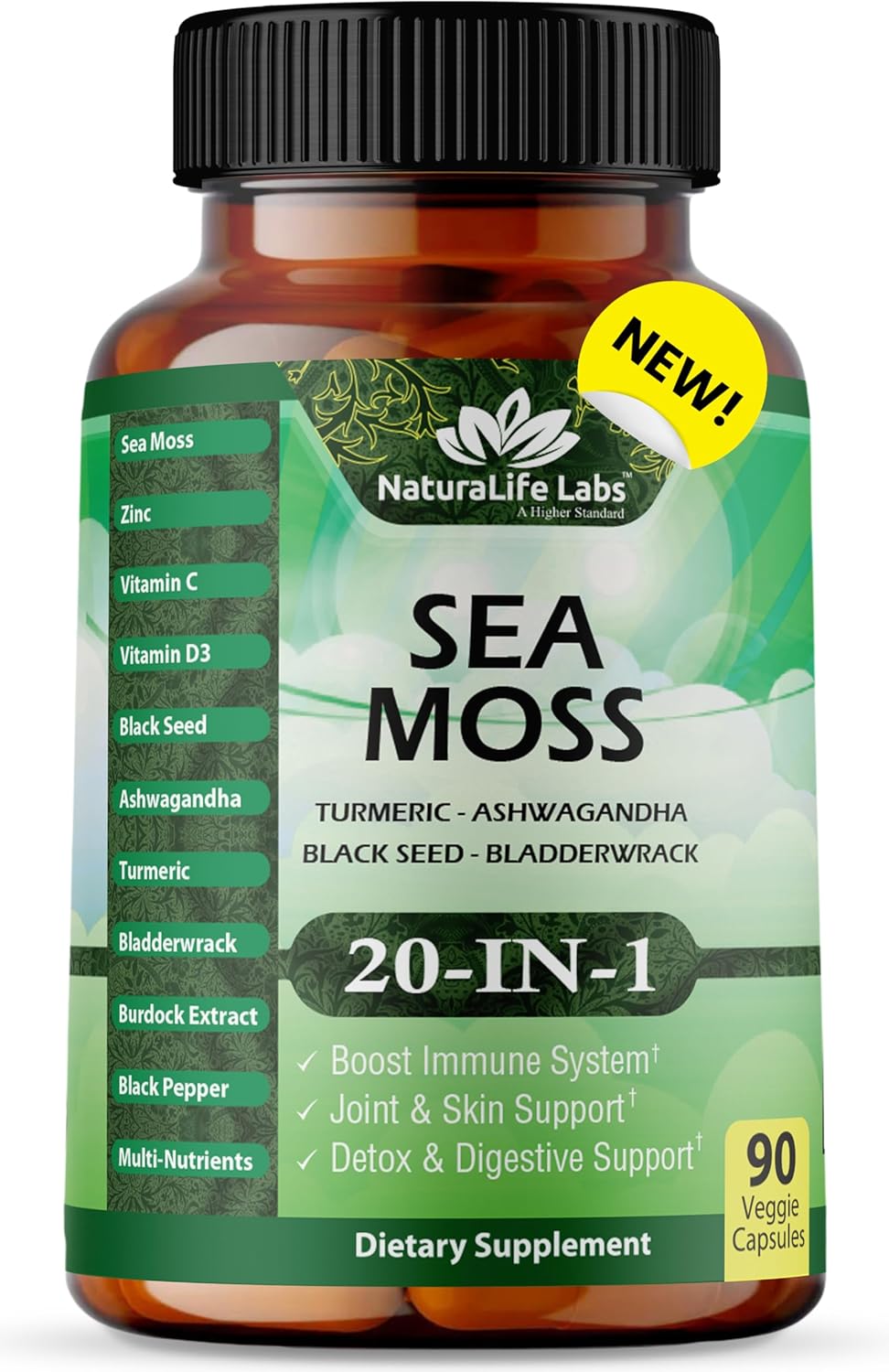 NaturaLife Labs Sea Moss, Black Seed Oil, Bladderwrack, Turmeric, Ashwagandha, Burdock - Herbal Supplement with Vitamins - 90 Capsules - BoostGo Australia