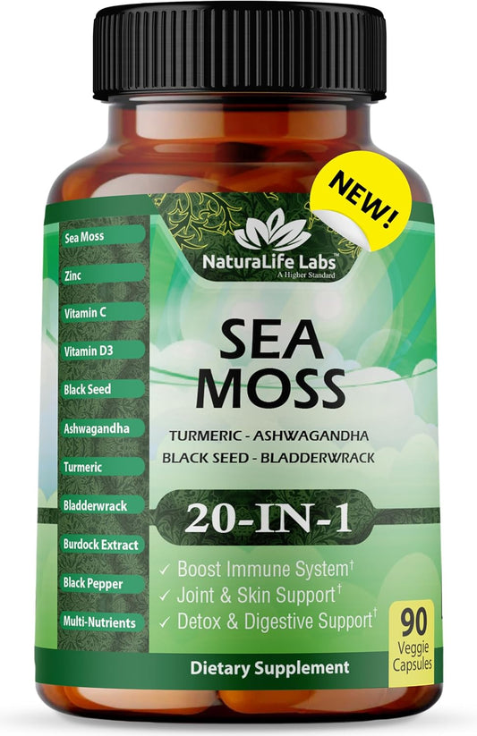 NaturaLife Labs Sea Moss, Black Seed Oil, Bladderwrack, Turmeric, Ashwagandha, Burdock - Herbal Supplement with Vitamins - 90 Capsules - BoostGo Australia
