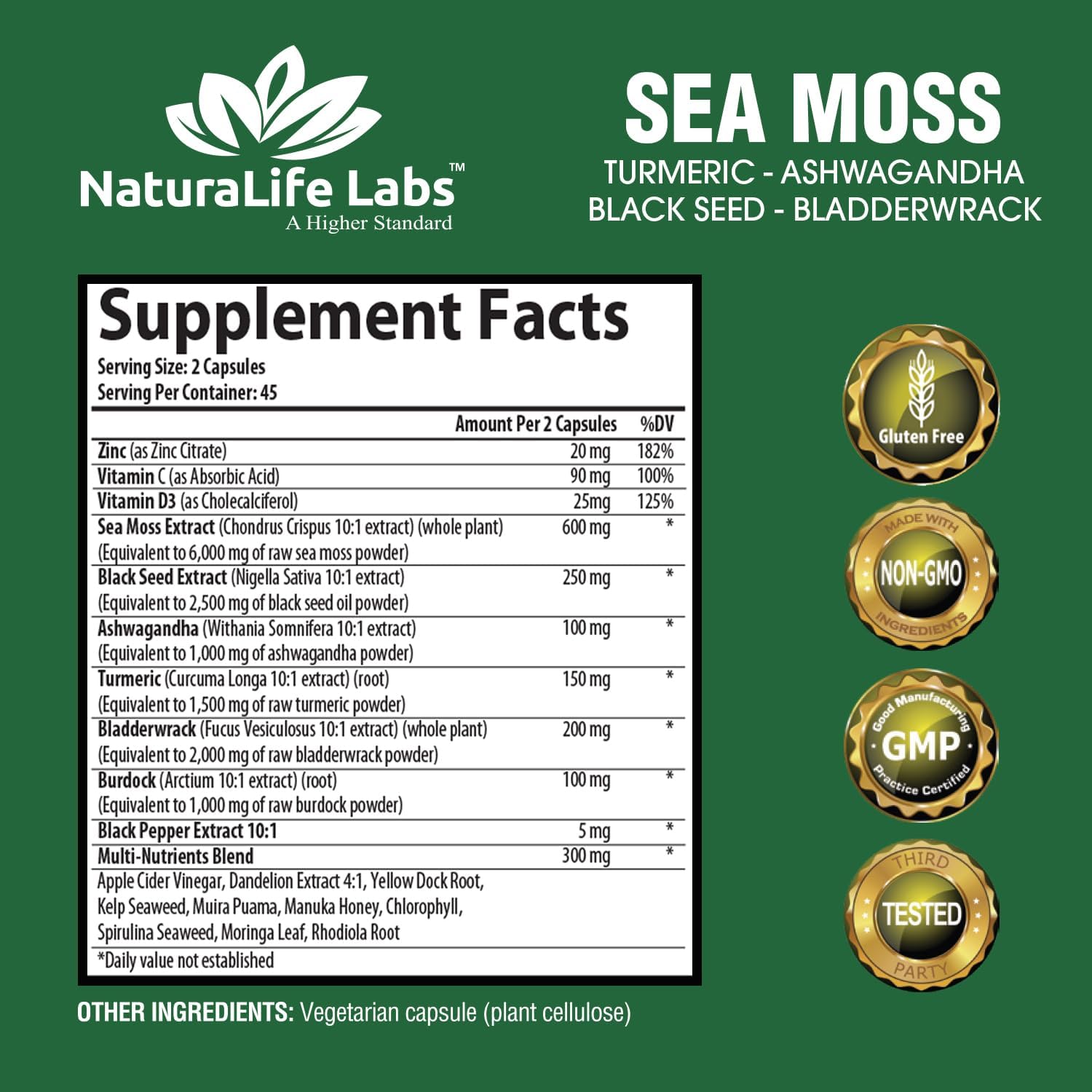 NaturaLife Labs Sea Moss, Black Seed Oil, Bladderwrack, Turmeric, Ashwagandha, Burdock - Herbal Supplement with Vitamins - 90 Capsules - BoostGo Australia
