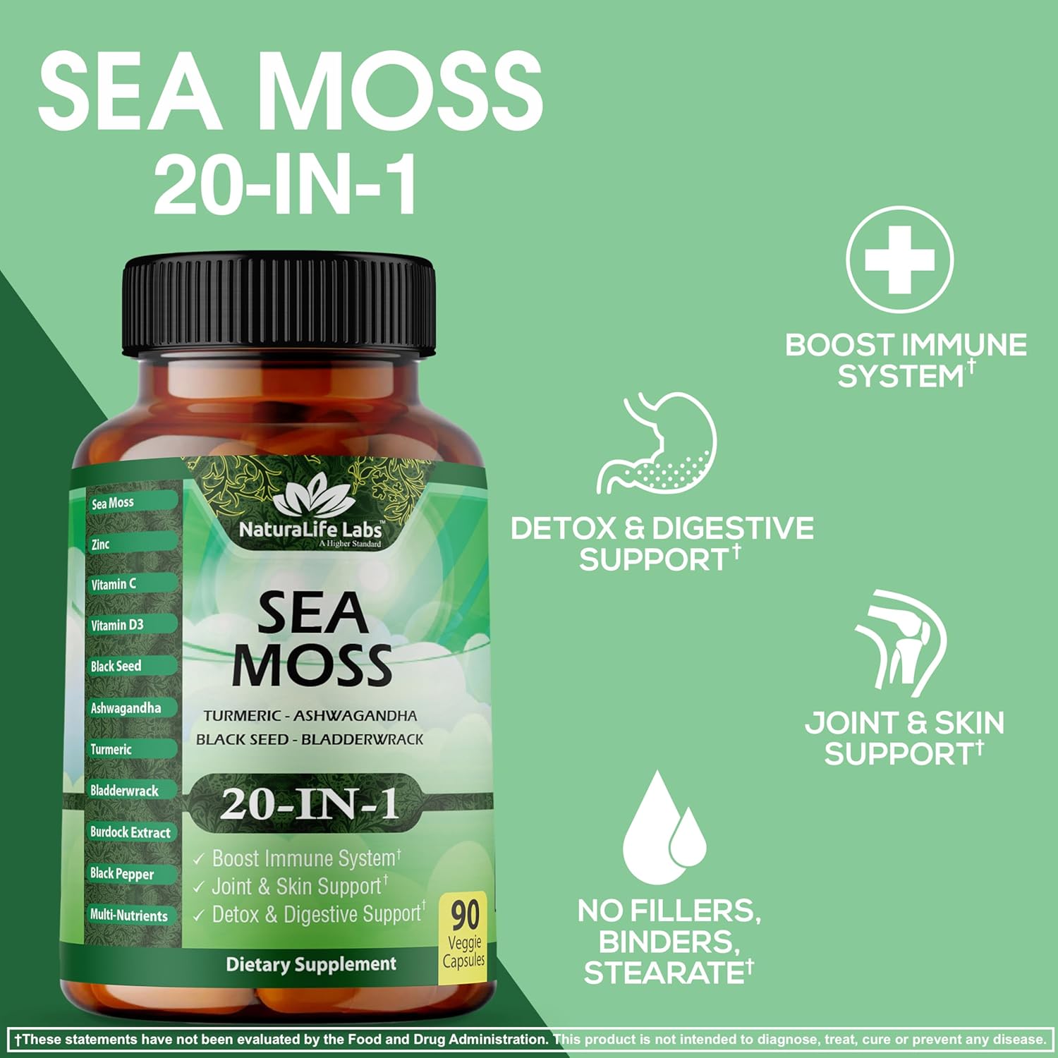 NaturaLife Labs Sea Moss, Black Seed Oil, Bladderwrack, Turmeric, Ashwagandha, Burdock - Herbal Supplement with Vitamins - 90 Capsules - BoostGo Australia