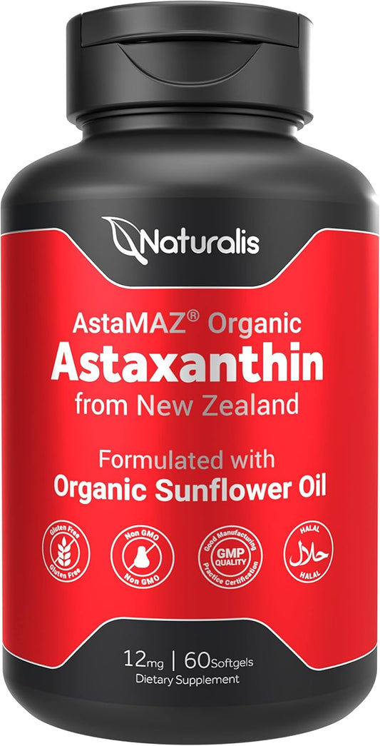 Naturalis New Zealand Astaxanthin Softgels - 12mg with Vitamin E - Non-GMO, Soy & Gluten Free - 60 Count (2 Month Supply)