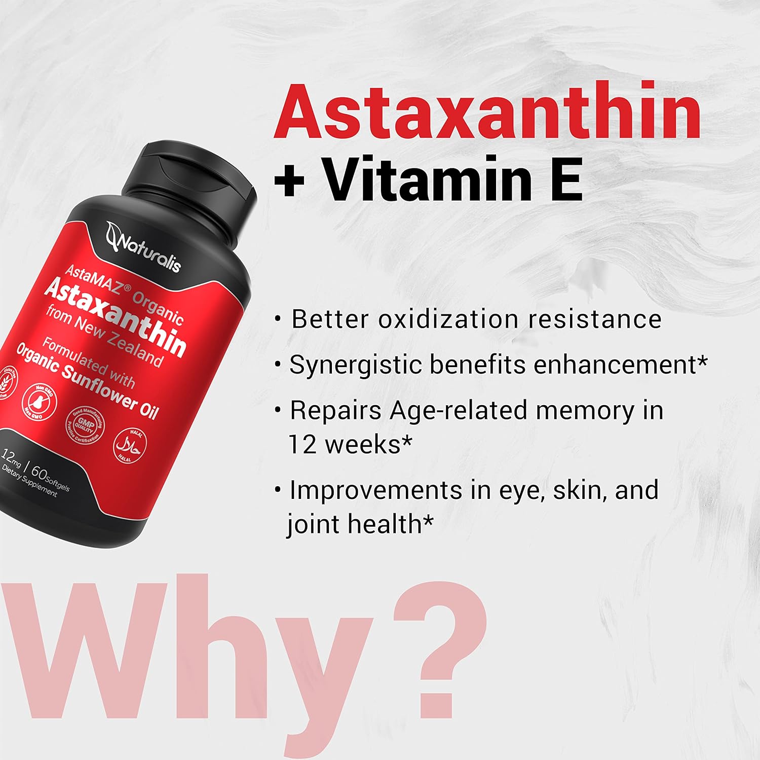 Naturalis New Zealand Astaxanthin Softgels - 12mg with Vitamin E - Non-GMO, Soy & Gluten Free - 60 Count (2 Month Supply)