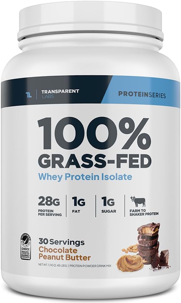 Naturally Flavored Grass-Fed Whey Protein Isolate Powder - 28g Protein, 9 Amino Acids, Gluten-Free - Chocolate Peanut Butter - 30 Servings