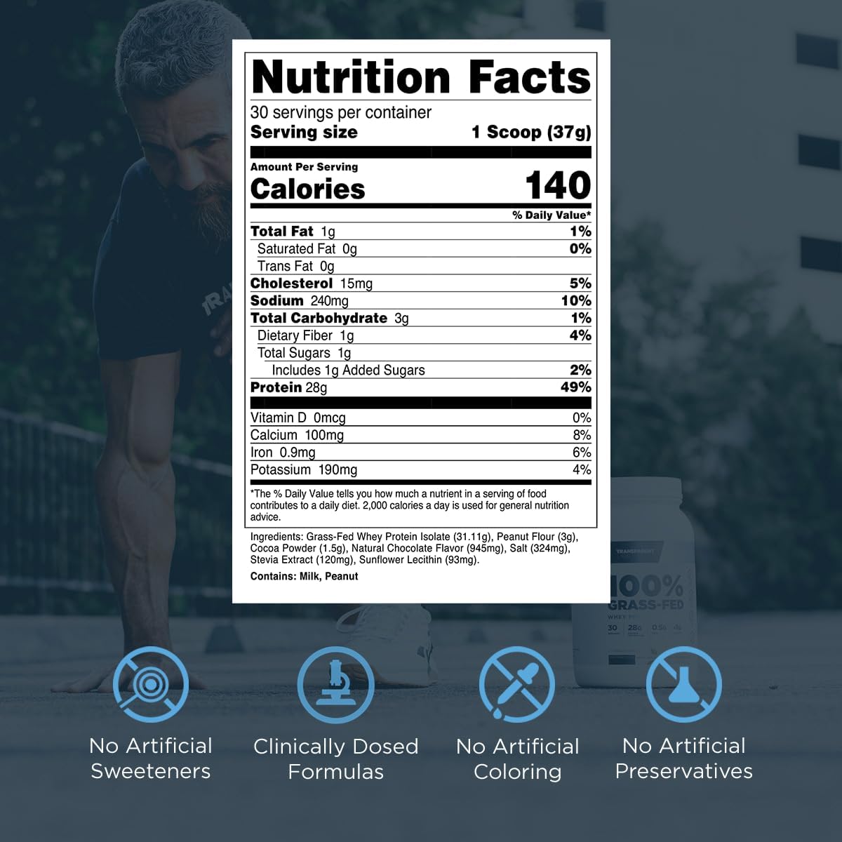 Naturally Flavored Grass-Fed Whey Protein Isolate Powder - 28g Protein, 9 Amino Acids, Gluten-Free - Chocolate Peanut Butter - 30 Servings
