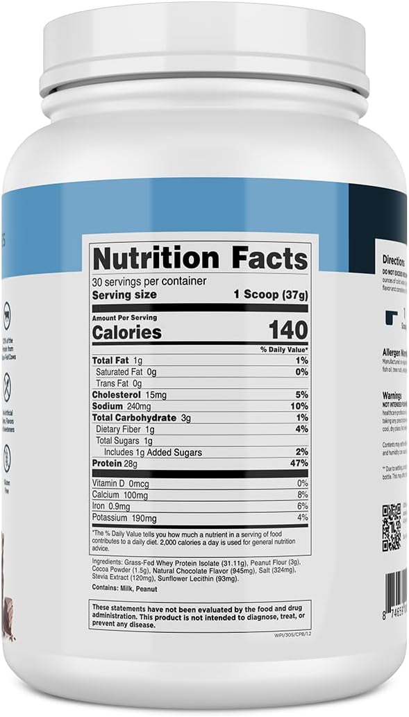 Naturally Flavored Grass-Fed Whey Protein Isolate Powder - 28g Protein, 9 Amino Acids, Gluten-Free - Chocolate Peanut Butter - 30 Servings