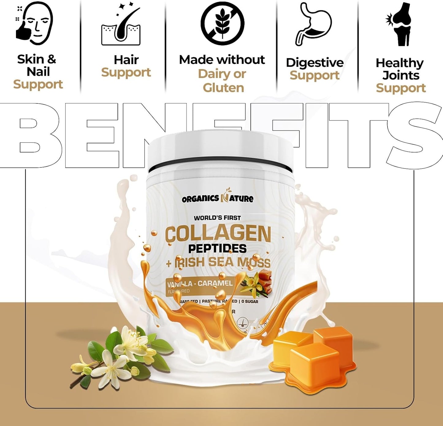 Naturally Sourced Collagen Peptides Powder with Irish Sea Moss Vanilla Caramel Flavor - Hydrolyzed Collagen with Biotin for Hair, Skin, Nails, Joints - 30 Servings, 380g